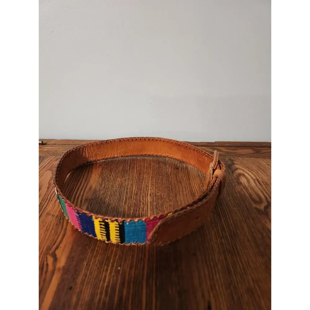 Vintage Handmade Leather Woven Boho Belt Colorful Festival Size 28